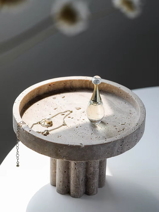 Luxury Marble Serving Tray with Legs, Decorative Travertine Dish for Coffee Table Decor, Stone Vanity Tray for Perfume Candles